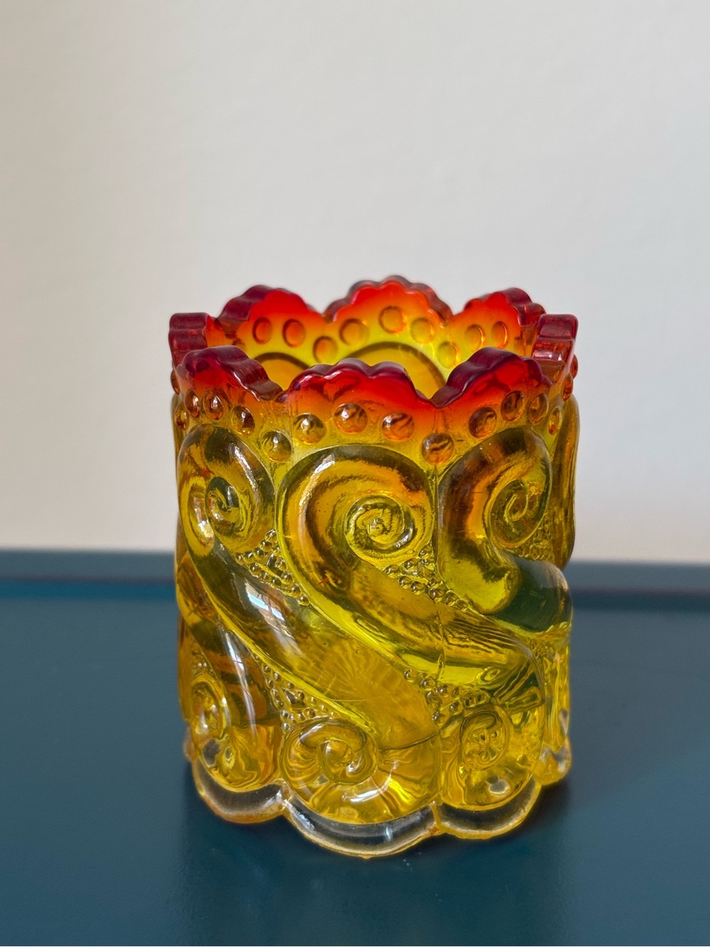 Vintage Amberina Cadmium Glass Toothpick Holder S Repeat Glows Orange UV